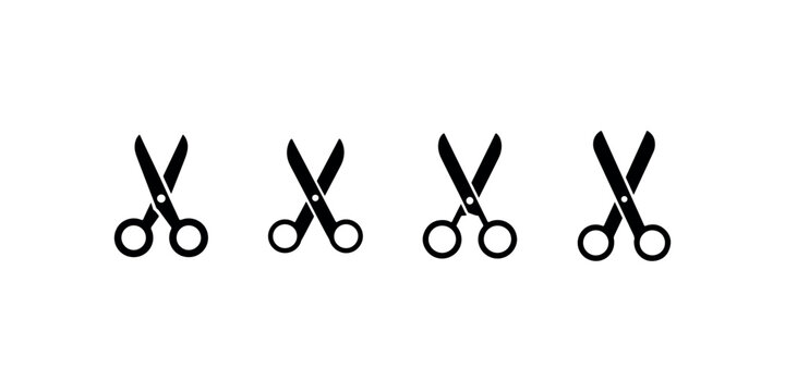 Set of four simple black and white line art vector icons depicting sharp open scissors
