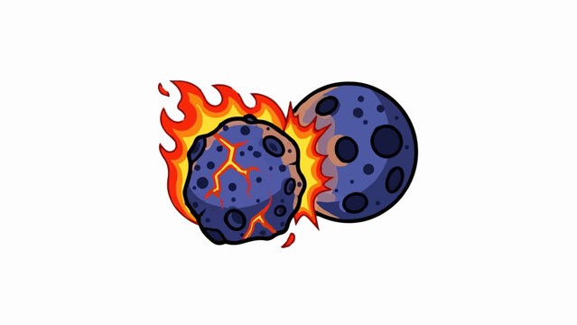 Two purple, cratered celestial bodies, one engulfed in cartoonish flames and cracking