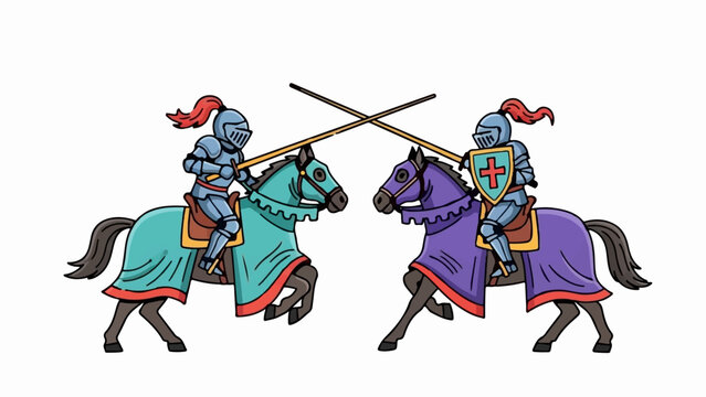 Two knights in armor on horseback tilt with lances