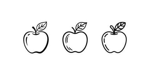 Three different hand drawn apple icons in a row, fruit, healthy food, editable stroke