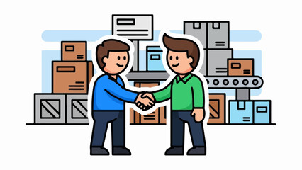 Two men shake hands amidst a warehouse of stacked boxes and a conveyor belt