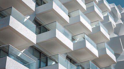 Obraz premium Modern building facade with white balconies, glass railings