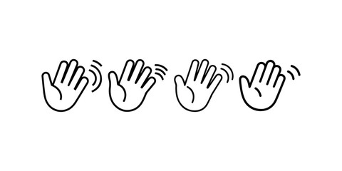 Four different styles of waving hand gestures indicating hello or goodbye greetings in line art