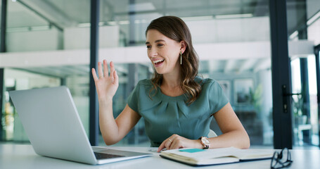 Laptop, woman or wave for business webinar, virtual training or greeting for productivity lecture....