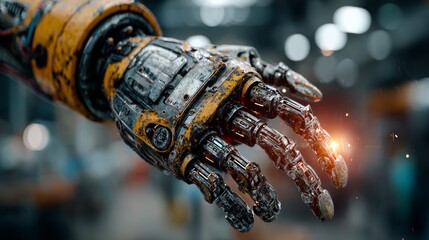 Rugged futuristic robotic hand with intricate mechanical details and glowing internal lights reaching forward in a workshop setting, symbolizing innovation and advanced engineering.