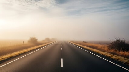 Fototapeta premium Foggy highway with white markings stretching into the distance, surrounded by fields and trees, captured from a low vantage point.