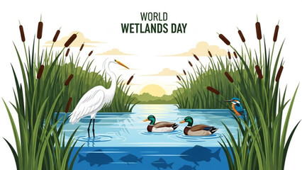 World wetlands day illustration with heron ducks and kingfisher in natural habitat