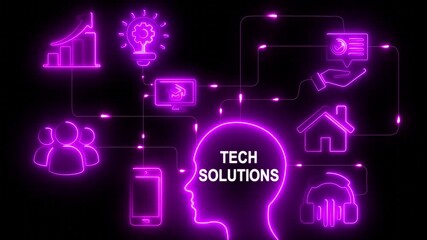 Digital network connections technology TECH Solutions concept with glowing neon icon idea, teamwork, home, education, growth, smartphone, headphone, advice and data analysis on a dark background. - Powered by Adobe