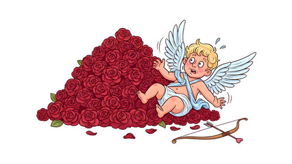 Cute Valentine Cupid with Heart Balloons Illustration Isolated on White Background