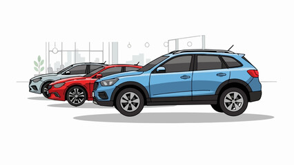 Obraz premium Three modern cars in bright colors parked in a line on a white background