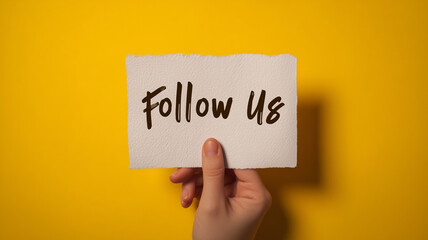 hand holding white paper with text follow us isolated on yellow background.