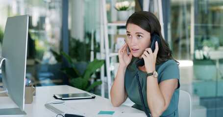 Telephone call, listening and business woman in office for booking appointment, schedule or chat. Conversation, landline and receptionist talk to contact for admin, communication or info in company