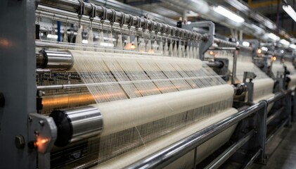 Industrial medium shot of rayon yarn spinning on extrusion lines highlighting delicate yet strong continuous strands forming tire cord material under factory lighting.