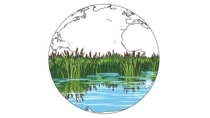 A serene circular illustration of a pond with lush green reeds and water lilies floating on the surface