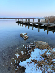 wooden pier in winter season with frozen reed
