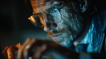 Intense programmer deeply focused, face illuminated by glowing digital code, contemplating complex algorithms in a dimly lit, modern tech environment.