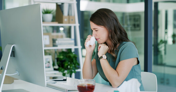 Health, blowing nose and woman in office with tea, ease congestion or antioxidant benefit for allergy season. Cold, tech or employee in agency with warm drink, virus or immune support for viral flu.