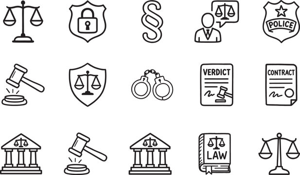 Hand drawn law and justice outline icon set with doodle style symbols, editable EPS vector illustration.