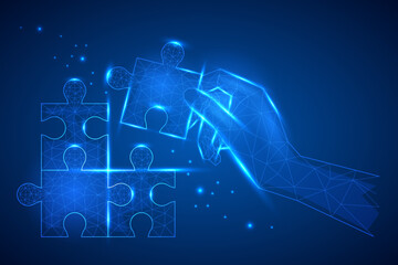 Polygonal hand placing a puzzle piece in a digital space. Symbolizes problem-solving, integration, and innovation. Perfect for tech, strategy, and futuristic concept visuals.