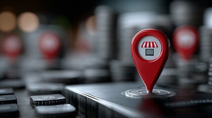 Strategic location pin marking a vibrant storefront amidst stacks of coins symbolizing business growth and financial success