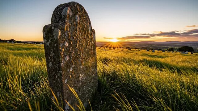 Ancient Stone Tomb Sunset Landscape Cinematic Aerial Drone Footage Historic Graveyard Cemetery Memorial Grave Site Rural Field Golden Hour B Roll Backgrounds Stock Video