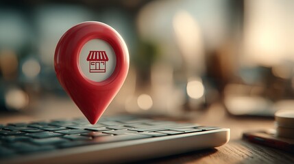 Strategic location pin symbolizing business presence on a modern keyboard, perfect for marketing and startup success concepts