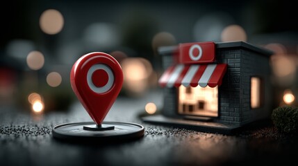 Iconic red map pin marker stands prominently beside a charming miniature storefront glowing with inviting light against a bokeh background