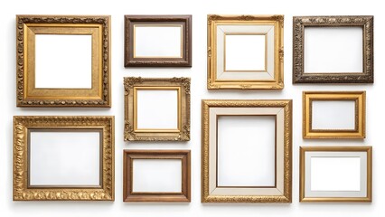 A collection of ornate and vintage empty picture frames on a clean white background