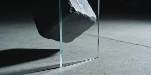 Stunning glass sculpture with large rock in modern minimalist setting