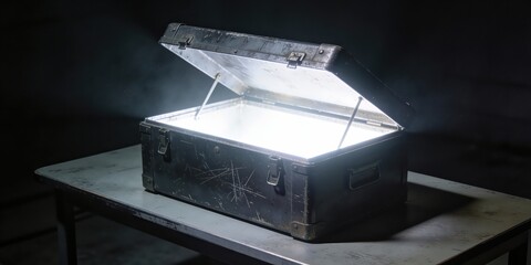 Mysterious black treasure chest glowing brightly on metal table