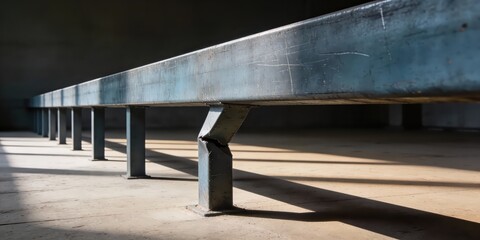 Long metal beam in industrial setting with dramatic lighting