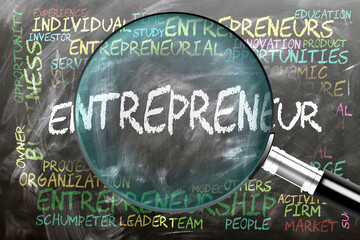 Entrepreneur being studied, examined - under close inspection. Most important subjects and ideas closely related to entrepreneur. ,3d illustration
