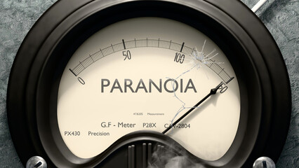 Paranoia meter showing high levels of paranoia. Dangerously increasing values of paranoia, critical overload. Too much, off the charts. Max paranoia ,3d illustration