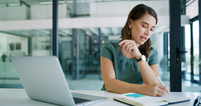 Woman, notebook and writing for research in office for copywriting, editing or newsletter. Person, writer or editor with tech and laptop for creative website, social media or email for news business