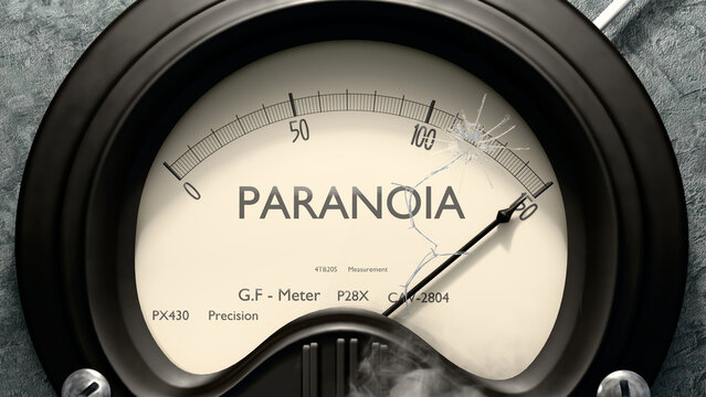 Paranoia meter showing high levels of paranoia. Dangerously increasing values of paranoia, critical overload. Too much, off the charts. Max paranoia ,3d illustration