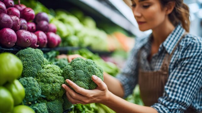 Woman selecting fresh broccoli at a grocery store produce section - Powered by Adobe