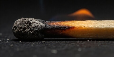 Burnt matchstick with smoldering ember on dark background