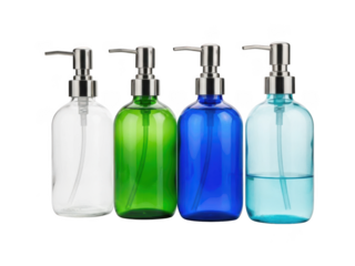 Set of four soap dispensers in clear, green, blue, and light blue