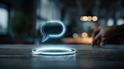 Unlock dynamic communication with a glowing holographic speech bubble, symbolizing ideas and connection in a modern digital world.