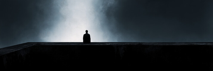 Lonely man standing in dark, empty, minimal space. Solitary man silhouette standing in an empty, dark, mysterious room, emphasizing isolation and introspection