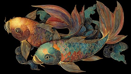 Elegant Chinese New Year Koi Fish Artwork Gold Line Detail