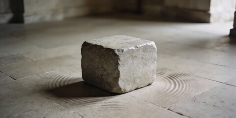 A weathered stone block sits alone on a tiled floor with ripples