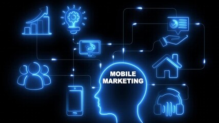 Digital network connections technology Mobile Marketing concept with glowing neon icon idea, teamwork, home, education, growth, smartphone, headphone, advice and data analysis on a dark background. - Powered by Adobe