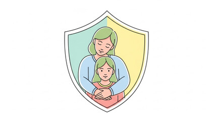 A cartoon illustration of a woman and a girl hugging inside a shield symbolizing protection and safety