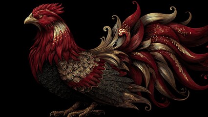 Majestic Red and Gold Rooster Engraving Chinese Zodiac Art