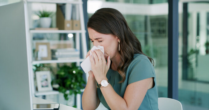 Sick woman, flu and blowing nose with tissue in office for virus, hayfever or sinus allergies. Female person, illness or employee with mucus, infection or sneeze for influenza or fever in workplace