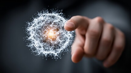 Intelligent technology concept human finger interacts with glowing digital network sphere representing data connectivity and innovation.