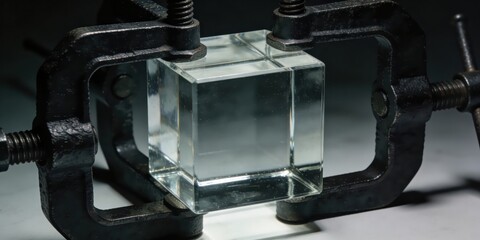 Glass cube securely held in industrial metal clamp