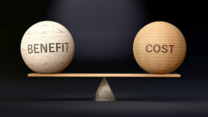 Cost and benefit in balance - balancing stones on a scale symbolizing harmony, equity and equilibrium between benefit and cost. Harmonious and beneficial situation. ,3d illustration