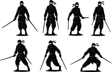 Obraz premium Set Of Ancient Samurai Assassin Silhouettes In Fighting Poses For Game Assets And Manga Illustration.